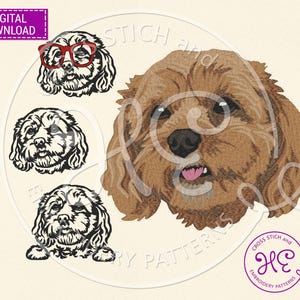 May include: Digital download embroidery pattern featuring a brown and white dog with a pink tongue. The image includes three black and white line drawings of the dog and a detailed color portrait. The text "DIGITAL DOWNLOAD" is in a purple rectangle.