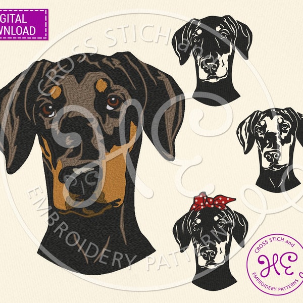 Doberman Dog Embroidery Design, Machine Embroidery Pattern, Download, Natural Doberman Pinscher Bandana, Cute Pet Face, Colorful, Dog Breed