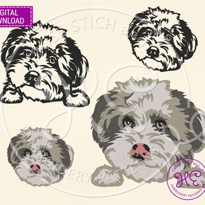 May include: Four embroidery designs of a small, fluffy dog with a black nose and pink tongue. The dog is shown in different poses, including lying down, sitting up, and looking to the side. The designs are in black and white, and are suitable for use in embroidery projects.