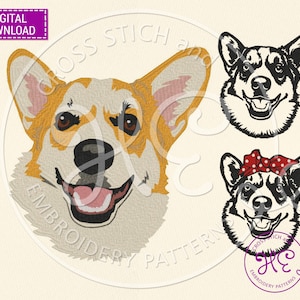 Könnte beinhalten: Drei Stickmuster eines lächelnden Corgis. Das erste Muster ist ein bunter Corgi mit einer weißen Brust und braunen Ohren. Das zweite Muster ist ein schwarz-weißer Corgi. Das dritte Muster ist ein schwarz-weißer Corgi mit einem rot-weiß gepunkteten Bandana.