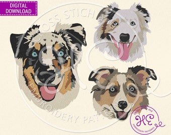 Motif de broderie berger australien, motif de broderie machine, téléchargement, joli motif de visage australien, tête colorée, race de chien, Dst Pes Jef