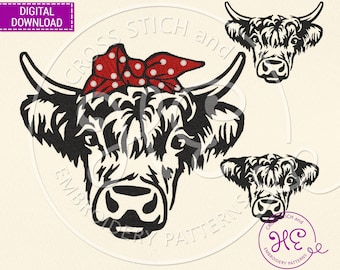 Desenhos de bordado de máquina de vaca Highland, padrão para máquina, download, cara de fazenda, animal de fazenda com bandana, touro escocês, Dst Pes Jef
