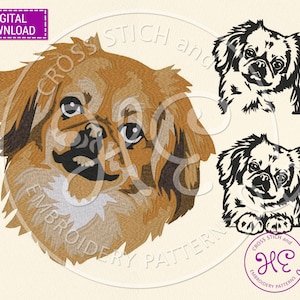 May include: Digital download embroidery pattern featuring a detailed illustration of a Pekingese dog in shades of brown and black. Includes a full-color portrait and two black and white line art versions. The text "DIGITAL DOWNLOAD" is in a purple box.