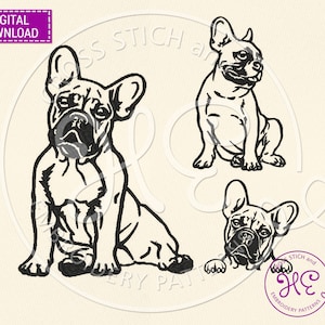 Puede incluir: Tres dibujos en blanco y negro de bulldogs franceses en varias poses. Los perros están sentados y mirando hacia un lado.