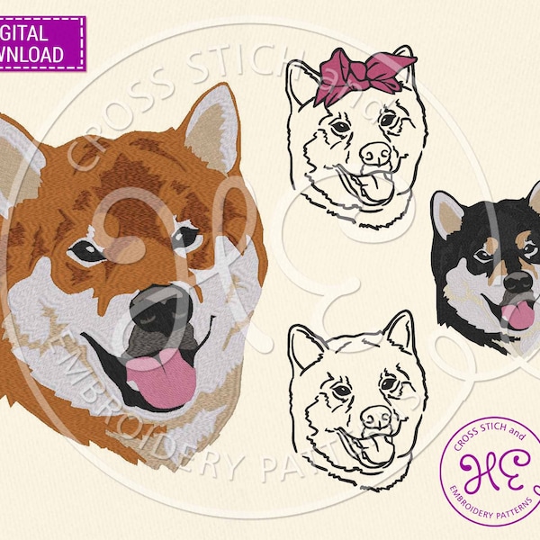 Shiba Inu Dog Embroidery Design, Pattern For Machine, Download, Akita Inu Dog, Colorful, Outline Sketch, Animal Pet Face, Bernina, Dog Breed