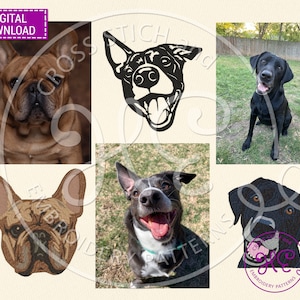 May include: A set of five embroidery patterns featuring different dog breeds. The patterns include a French Bulldog, a Black Labrador Retriever, a Black and White Dog, and two different Black Labradors. The patterns are in black and white and are perfect for embroidery projects.