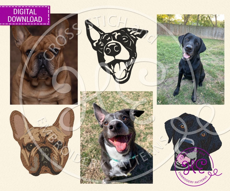 Pu&ograve; includere: Un set di cinque modelli di ricamo che rappresentano diverse razze di cani. I modelli includono un Bulldog Francese, un Labrador Retriever Nero, un Cane Nero e Bianco e due Labrador Neri diversi. I modelli sono in bianco e nero e sono perfetti per progetti di ricamo.
