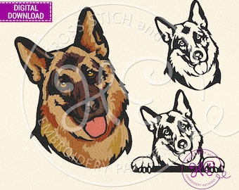 Schema per ricamo di un cane pastore tedesco, disegni per ricamo a macchina, download, schema per un simpatico animale domestico che sbircia, negozio ucraino, contorno, razza GSD