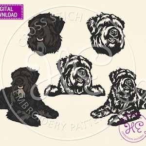 Op de afbeelding: Vijf zwart-witte borduurmotieven van een Bouvier des Flandres in verschillende poses. De ontwerpen omvatten een ​​hoofdopname, een liggende hond en een hond die over een rand kijkt.