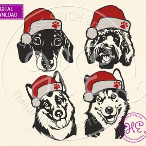 May include: Four black and white dog silhouettes wearing red Santa hats with white fur trim. Each dog has a red paw print on their hat.