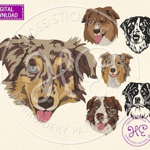 May include: Digital download embroidery patterns featuring Australian Shepherd dog portraits. The designs showcase detailed facial features and fur patterns in shades of brown, black, and white. The image includes the text "DIGITAL DOWNLOAD".