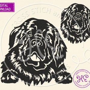 May include: Black and white silhouette of a Newfoundland dog in two poses. The dog is lying down with its head resting on its paws and looking up. The second pose is a close-up of the dog's head.