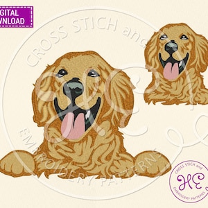 Peut inclure: Motif de broderie numérique téléchargeable avec deux motifs de chiens golden retriever souriants. Les chiens tirent la langue. Le texte "TÉLÉCHARGEMENT NUMÉRIQUE" est dans un rectangle violet. Le texte "CROSS STITCH and EMBROIDERY PATTERNS" est dans un cercle.