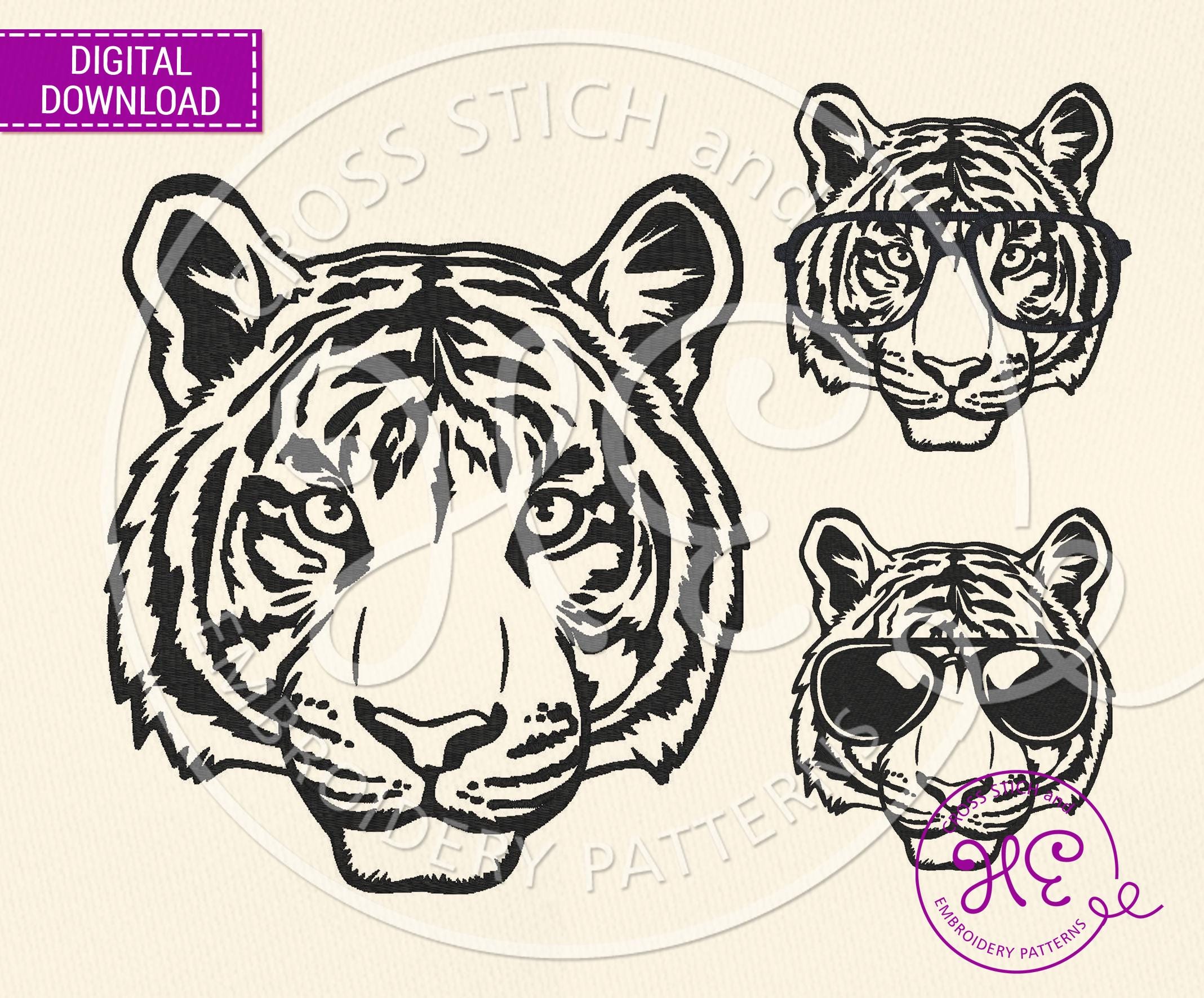 Tiger Head Embroidery Designs, Machine Embroidery Pattern, Instant Download, Cute Wild Animal Face Glasses Scheme, Pes Dst Jef Exp Hus File