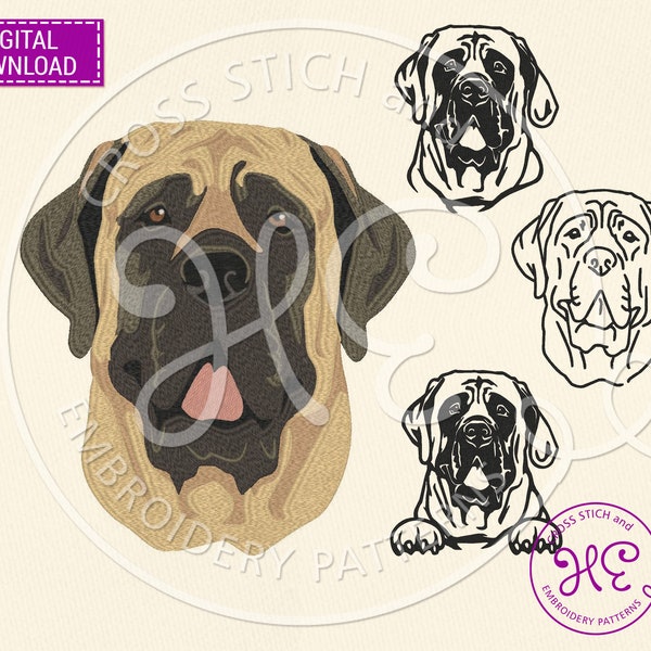 Motifs de broderie chien Mastiff anglais, motif de broderie machine, téléchargement, patte de tête de Mastiff furtif, coloré, croquis, race de chien