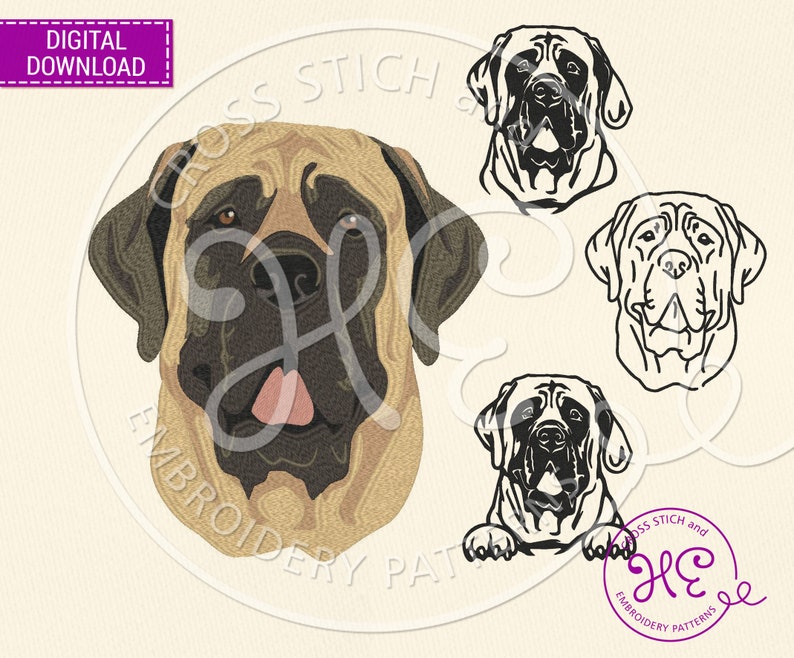 May include: A digital embroidery pattern of a brown and black English Mastiff dog with its tongue sticking out. The pattern includes three different views of the dog's head, one with the dog looking straight ahead, one with the dog looking to the side, and one with the dog looking up. The pattern is available for download.