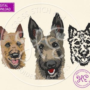 Pode incluir: Três retratos de cães bordados. O primeiro é um cão castanho e bege com uma mancha branca no peito. O segundo é um cão castanho e preto com uma mancha branca no peito. O terceiro é um cão preto e branco com uma mancha branca no peito.