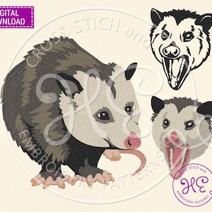 May include: A digital embroidery pattern of a possum with a white face and gray fur. The possum is shown in a standing position with its mouth open. The pattern also includes two additional images of the possum's head, one with a white face and gray fur and the other with a black face and white fur.