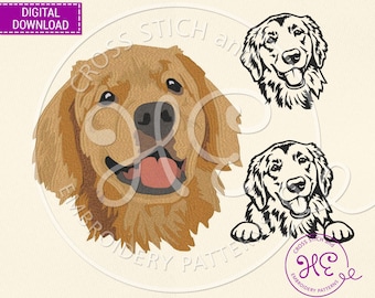 Disegni per ricamo di cani Golden Retriever, schema per ricamo a macchina, download, divertente schema di un Golden Retriever che sbircia, contorno colorato, razza animale
