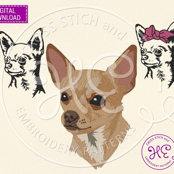 Chihuahua Stickerei Designs, Stickerei Muster für Maschine, Download, bunte Umrisse, süßes Haustier Gesicht Tier, Pes Dst Exp Jef VIP Datei