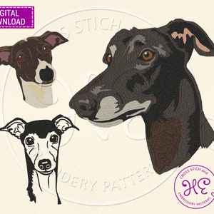 Op de afbeelding: Digitale download van drie geborduurde hondenportretten. Eén is zwart-wit, een andere bruin-wit en de derde zwart. De afbeelding bevat de tekst "DIGITALE DOWNLOAD" en het logo "Cross Stitch and Embroidery Patterns".