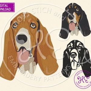 May include: Three embroidered images of basset hounds. The first is brown and white, the second is black and white, and the third is black and tan. All three have their tongues sticking out.