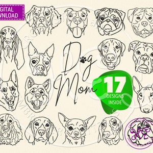 May include: A set of 17 black and white dog breed illustrations. The illustrations are in a circle with the text "Dog Mom" and "17 Designs Inside" in the centre.
