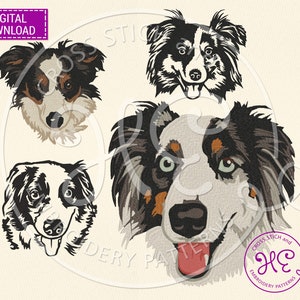 Australian Shepherd Stickdatei, Maschinenstickerei Muster, Download, Süßes Aussie Gesicht Skizze, Hunderasse
