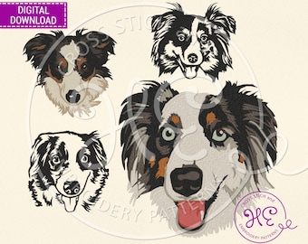 Motif de broderie berger australien, motif de broderie machine, téléchargement, joli motif de visage australien, croquis coloré, race de chien