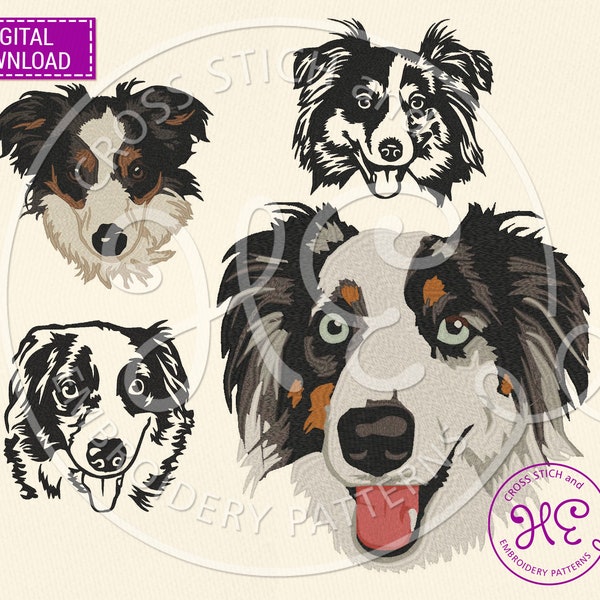 Australian Shepherd Embroidery Design, Machine Embroidery Pattern, Download, Cute Aussie Face Scheme, Colorful Outline Sketch, Dog Breed