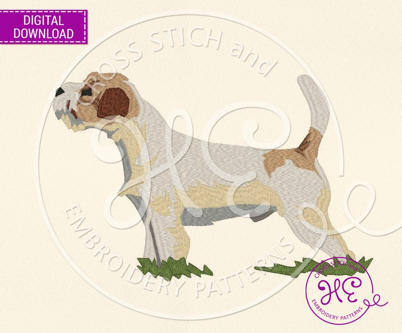 K&ouml;nnte beinhalten: Kreuzstich-Stickmuster eines wei&szlig;en und braunen Jack Russell Terriers, der auf gr&uuml;nem Gras steht. Das Muster ist zum digitalen Download verf&uuml;gbar.