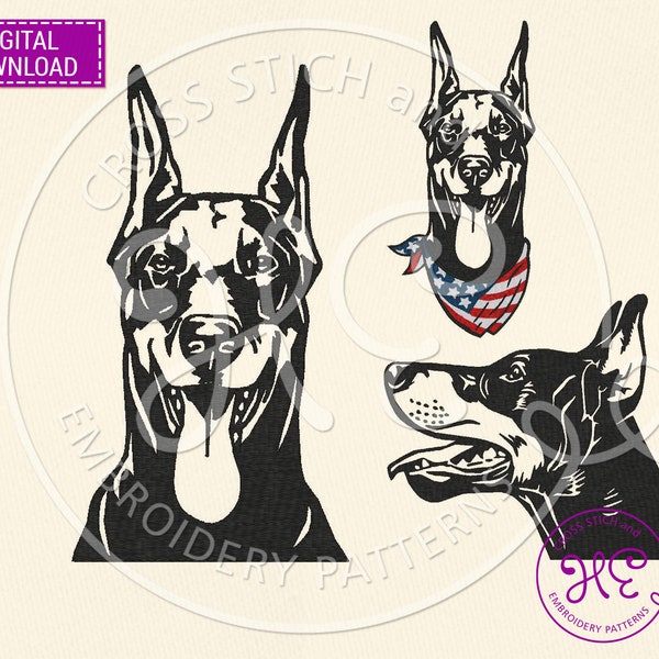 Doberman Dog Embroidery Designs, Machine Embroidery Pattern, Download, Doberman Pinscher With Clipped Ears, Cute Pet Face Bandana, Dog Breed