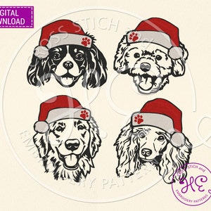 May include: Digital download featuring four dog portraits wearing Santa hats. The dogs are depicted in black and white line art, each with a unique expression. The Santa hats are red with a paw print detail.