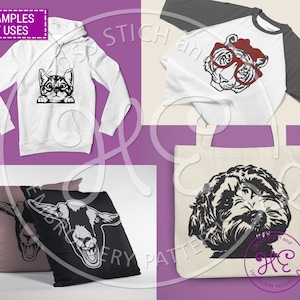 Pu&ograve; includere: Esempi di usi per i disegni di ricamo. Una felpa con cappuccio bianca con un disegno di gatto nero, una maglietta bianca e grigia a maniche raglan con un disegno di tigre bianco e nero con occhiali, una borsa di tela bianca con un doodle bianco e nero di un cane, e due federe per cuscini bianche e nere con un disegno di capra e cane.