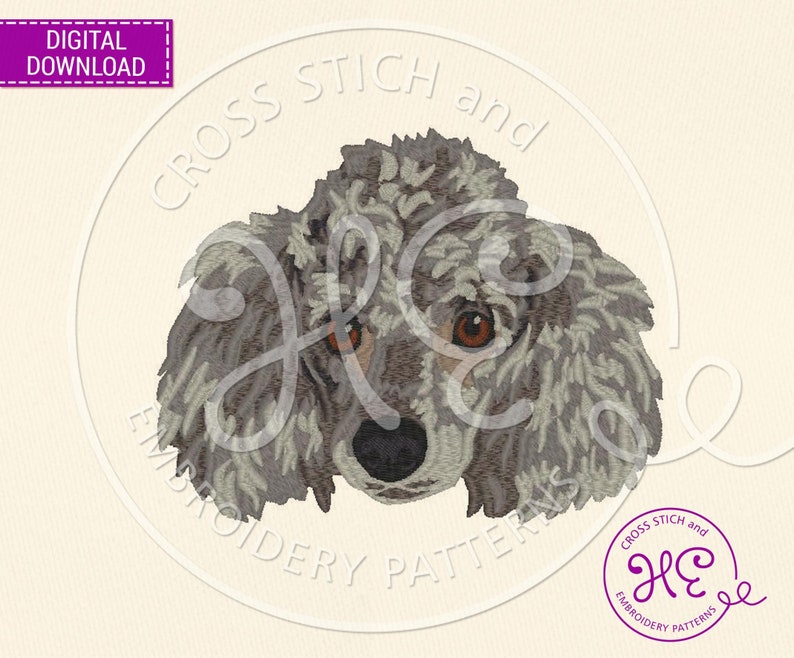 Op de afbeelding: Een grijze en witte poedel met bruine ogen. De kop van de hond is naar voren gericht en de afbeelding is een close-up van het hondenhoofd. De afbeelding is een digitaal borduurpatroon.