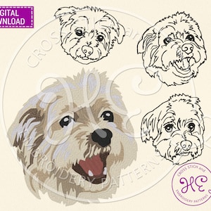 May include: A digital embroidery pattern of a white dog with brown markings. The dog is looking to the right with its mouth open. The pattern is available for download.