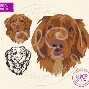 Puede incluir: Descarga digital de tres retratos de perros. Dos son ilustraciones detalladas en marrón y beige de la cabeza de un perro, una con la lengua fuera. El tercero es un dibujo lineal en blanco y negro de la cara de un perro. La imagen incluye el texto "DESCARGA DIGITAL".