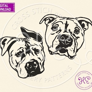 May include: Black and white line art illustration of two pit bull dogs looking directly at the viewer. The dogs are facing forward with their heads tilted slightly. The image is a digital download for cross stitch embroidery.