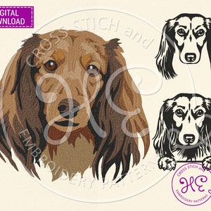 Longhaired Dachshund Dog Embroidery Designs, Machine Embroidery Pattern, Download, Pet Portrait, Doxie Head, Cute Pet Peeking, Dachsh Face