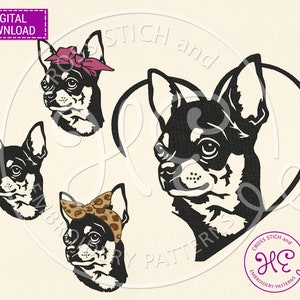 Chihuahua Embroidery Designs, Embroidery Pattern For Machine, Download, Cute Pet Face Bandaha Animal, Pet Heart, Pes Dst Exp Jef Vip File