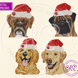 May include: Four different dog breeds wearing Santa hats. The dogs are a Boxer, a Pug, a Golden Retriever, and a Labrador Retriever. The dogs are all looking at the camera.