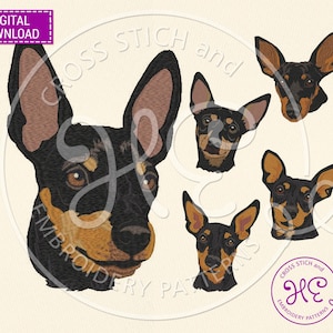 May include: Digital embroidery pattern featuring a black and tan dog's head in multiple views. The design includes detailed stitching, showcasing the dog's features. The words "DIGITAL DOWNLOAD" are in a purple rectangle.