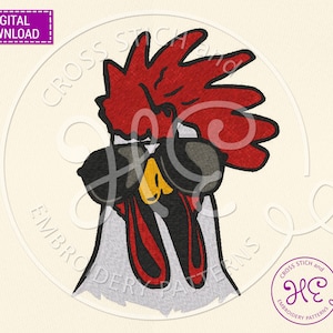 May include: A digital download embroidery pattern featuring a rooster's head. The rooster has a red comb and wattle, gray sunglasses, and a white neck. The text "DIGITAL DOWNLOAD" is in a purple rectangle. The design is on a cream background.