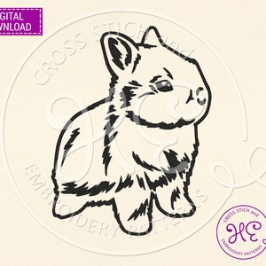 Pode incluir: Desenho a preto e branco de um coelho, para padr&otilde;es de bordado em ponto cruz. Download digital. As palavras "DOWNLOAD DIGITAL" est&atilde;o num ret&acirc;ngulo roxo no canto superior esquerdo.