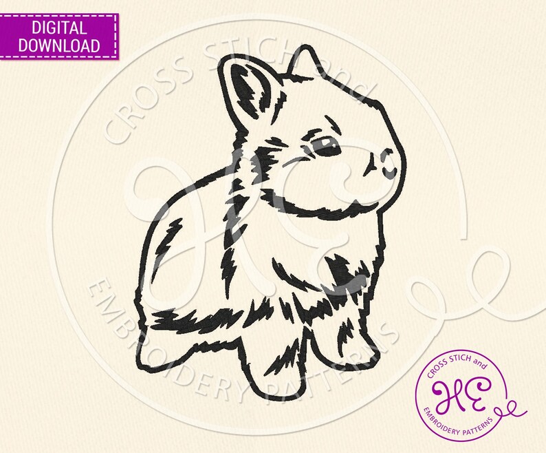 Pode incluir: Desenho a preto e branco de um coelho, para padr&otilde;es de bordado em ponto cruz. Download digital. As palavras "DOWNLOAD DIGITAL" est&atilde;o num ret&acirc;ngulo roxo no canto superior esquerdo.