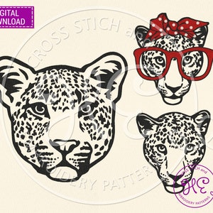Leopard Head Embroidery Design, Machine Embroidery Pattern, Instant Download, Cute Realistic Wild Animal Face Bandana Glasses, Big Wild Cat