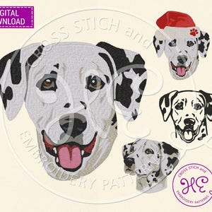 Könnte beinhalten: Digitaler Download Stickmuster mit Dalmatiner-Hundedesigns. Das Bild enthält ein großes, detailliertes Porträt eines Dalmatiners sowie kleinere Variationen, darunter eine mit Weihnachtsmütze. Der Text "DIGITALER DOWNLOAD" ist sichtbar.