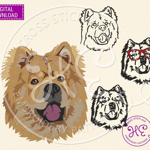 Chow Chow Dog Embroidery Designs, Machine Embroidery Pattern, Download, Cute Dog With Glasses, Sketch, Colorful Design, Dst Pes Jef Hus Exp