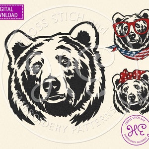 Grizzly Bear Embroidery Designs, Pattern For Machine, Download, Bear Head USA Bandana Glasses, Wild Life, Cute Wild Woodland Animal, 4 sizes