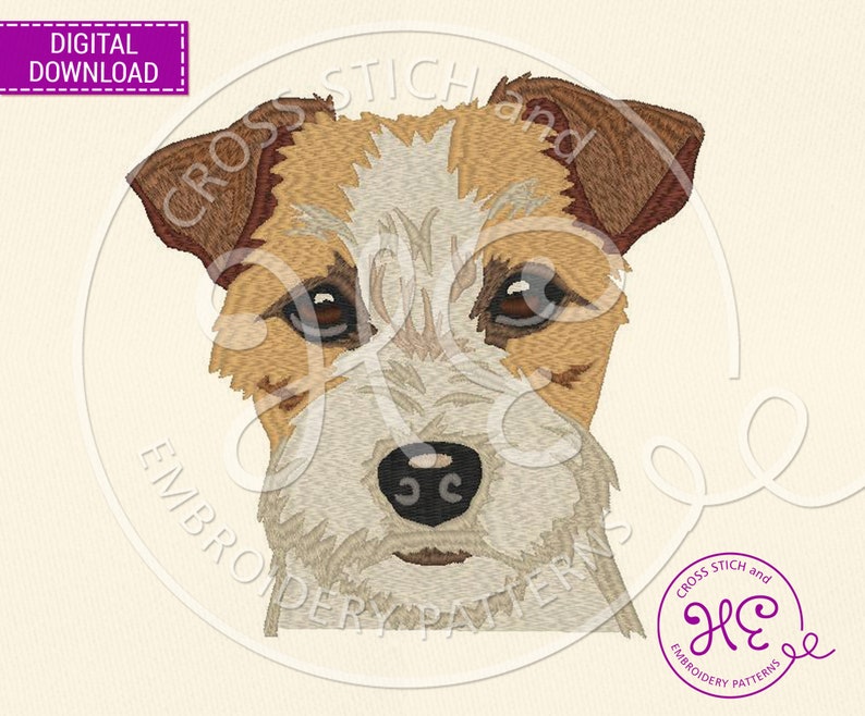 K&ouml;nnte beinhalten: Gestickte Darstellung eines Jack Russell Terriers mit braunem, wei&szlig;em und braunem Fell. Der Kopf des Hundes ist nach vorne gerichtet, die Ohren stehen ab. Das Design eignet sich f&uuml;r Kreuzstich- und Stickprojekte.